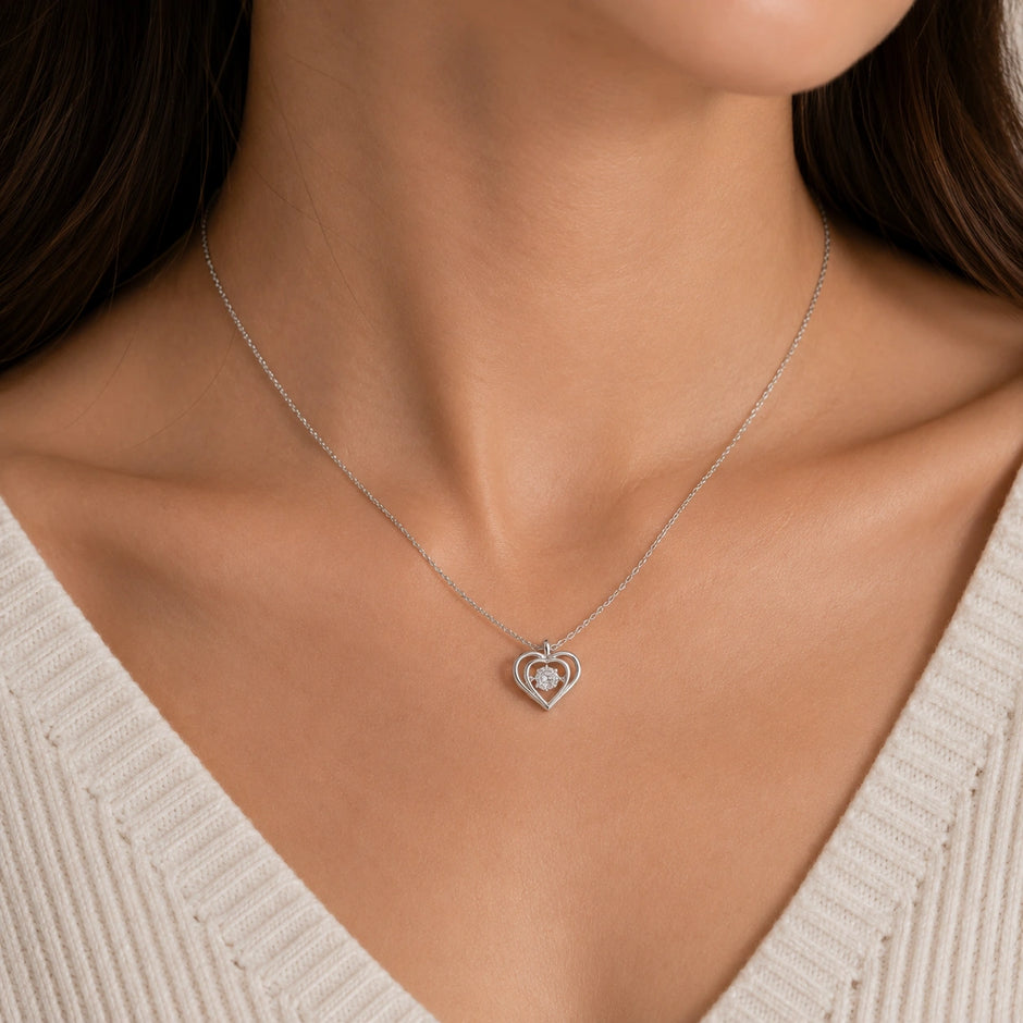 Double Heart Diamond 925 Sterling Silver Pendant Chain for Women