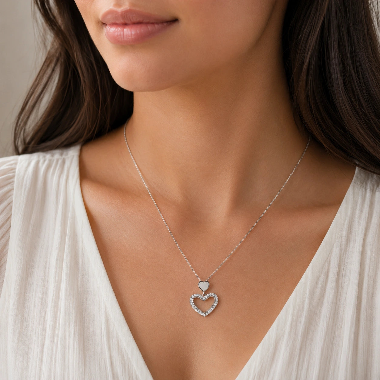 Double Heart Diamond 925 Sterling Silver Pendant Chain for Women