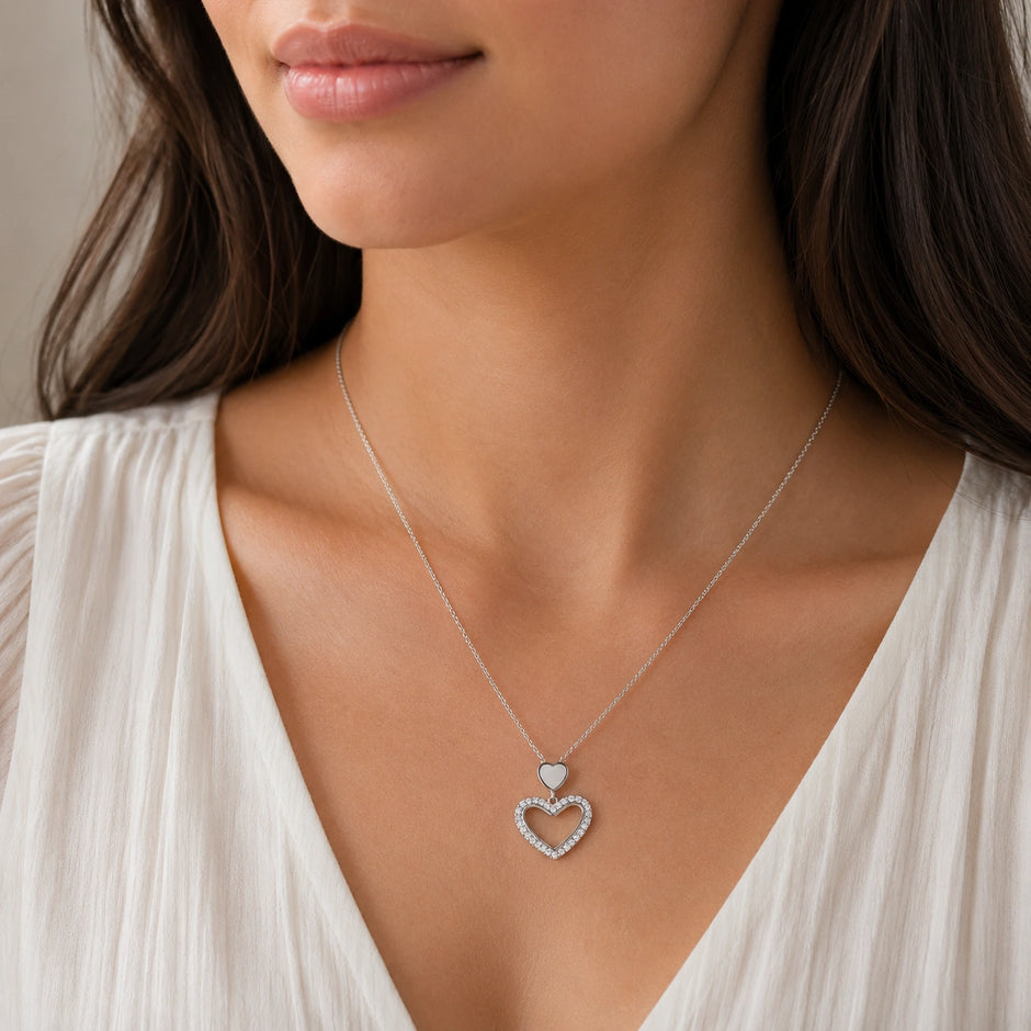 Double Heart Diamond 925 Sterling Silver Pendant Chain for Women