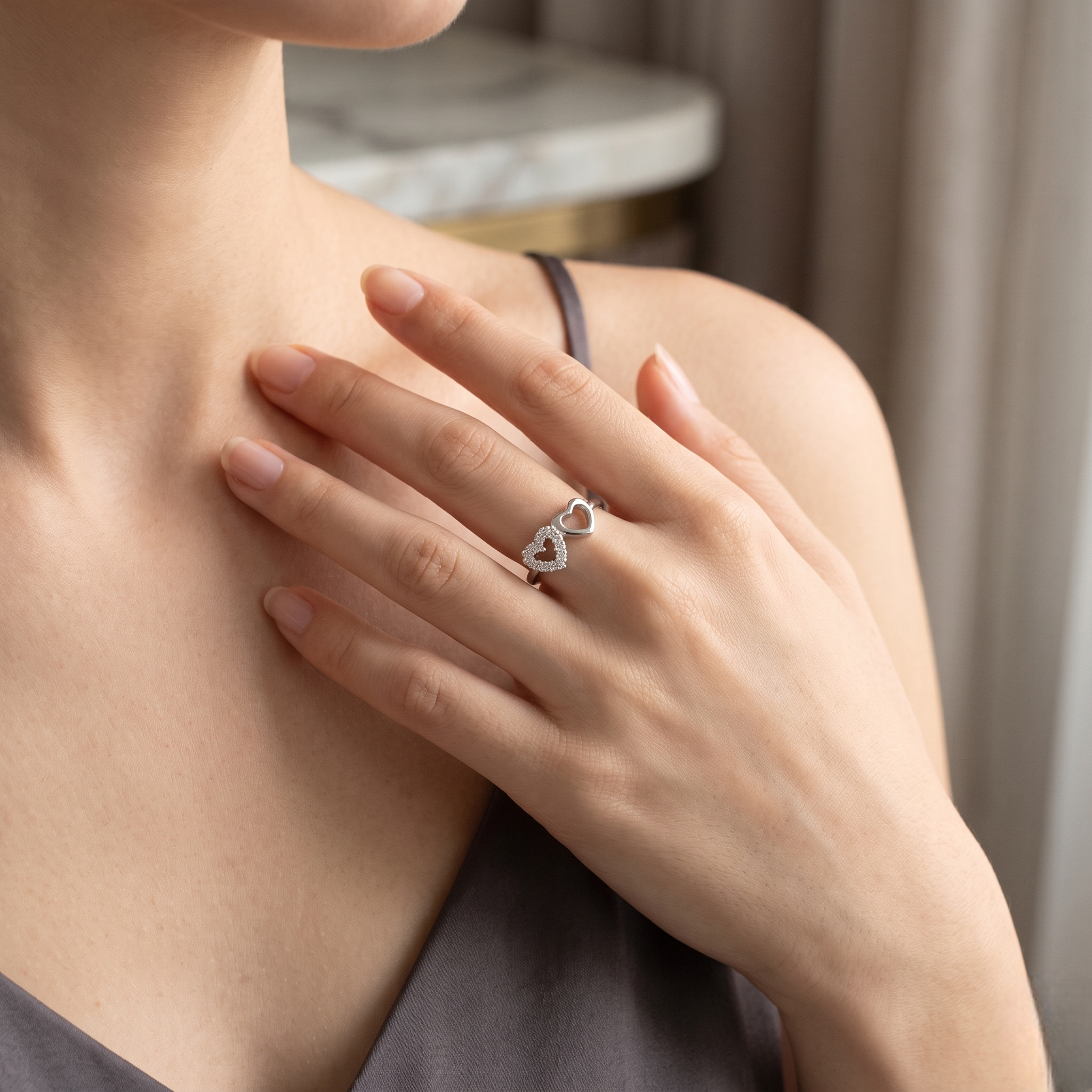 925 Sterling Silver Double Heart CZ Ring for Women