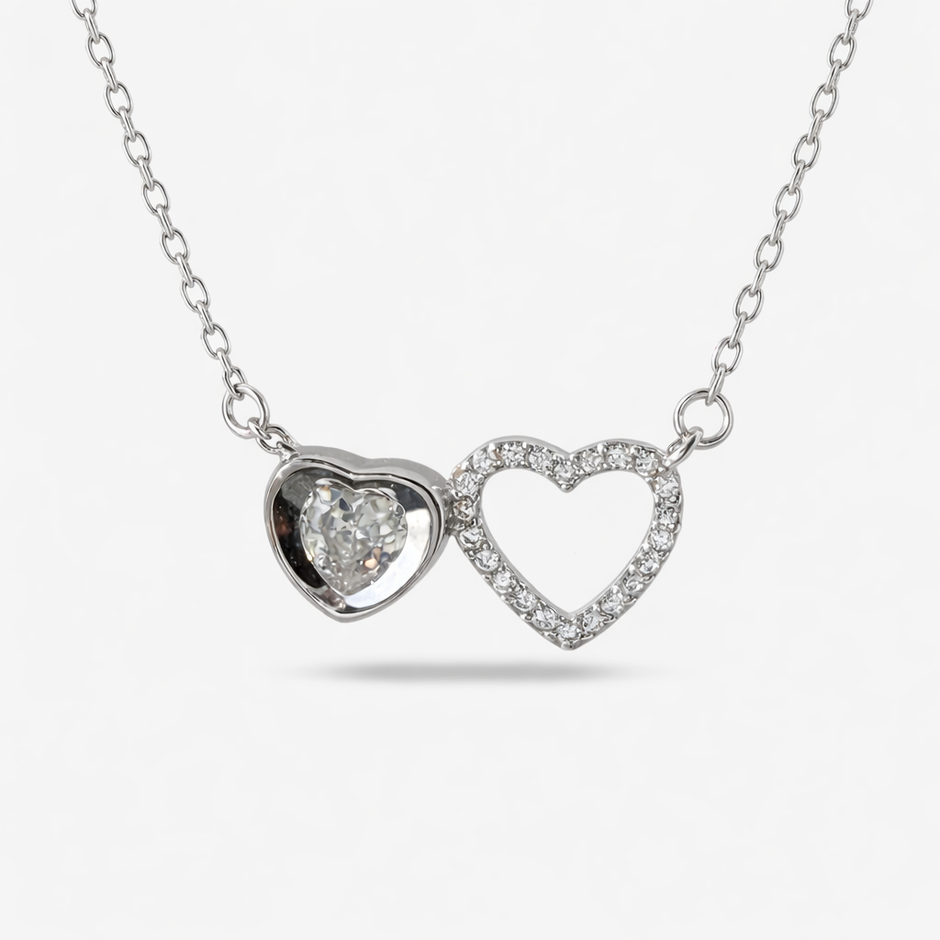 double heart diamond 925 silver pendant chain