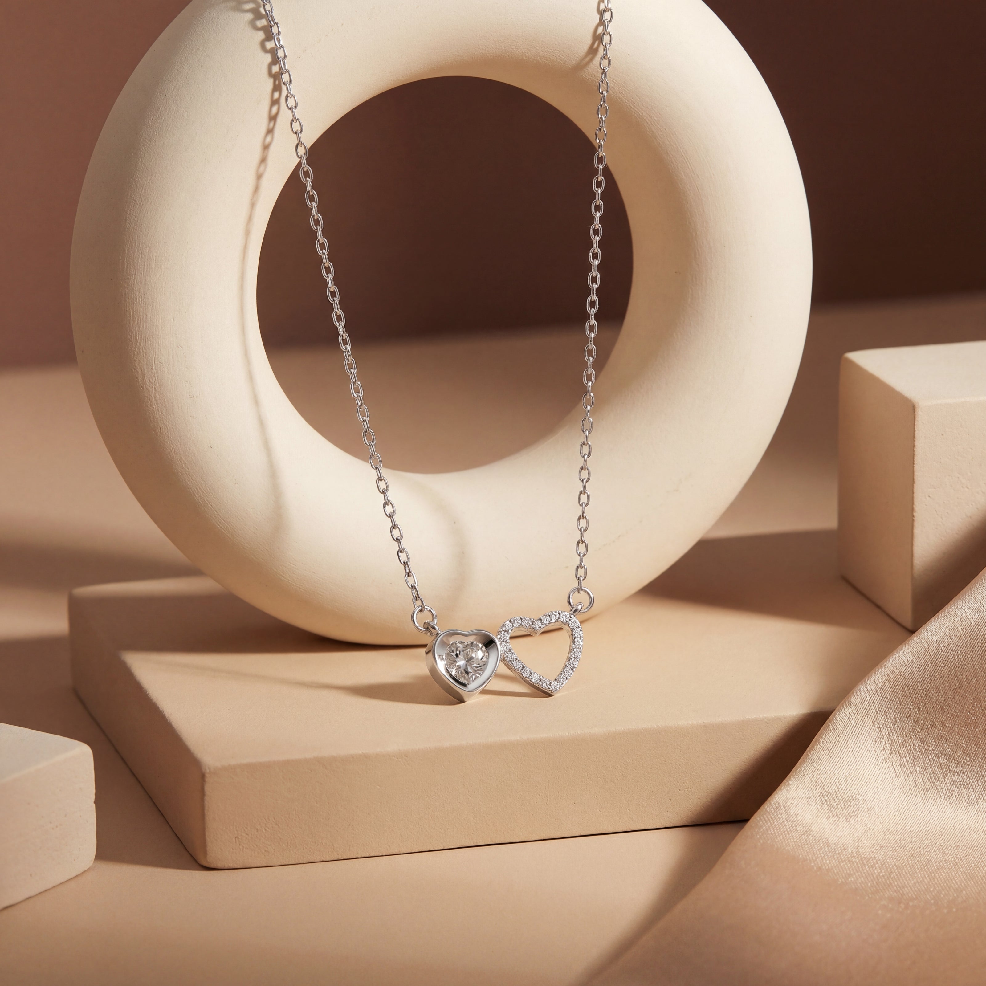 double heart diamond 925 silver pendant chain