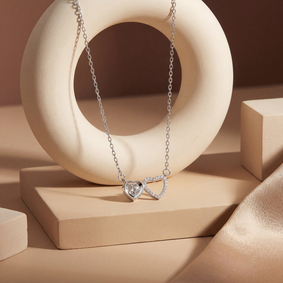 double heart diamond 925 silver pendant chain