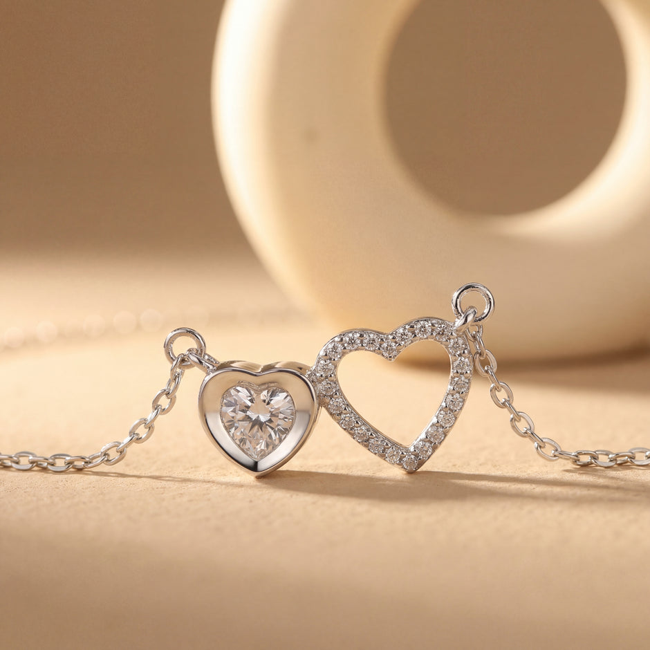 double heart diamond 925 silver pendant chain