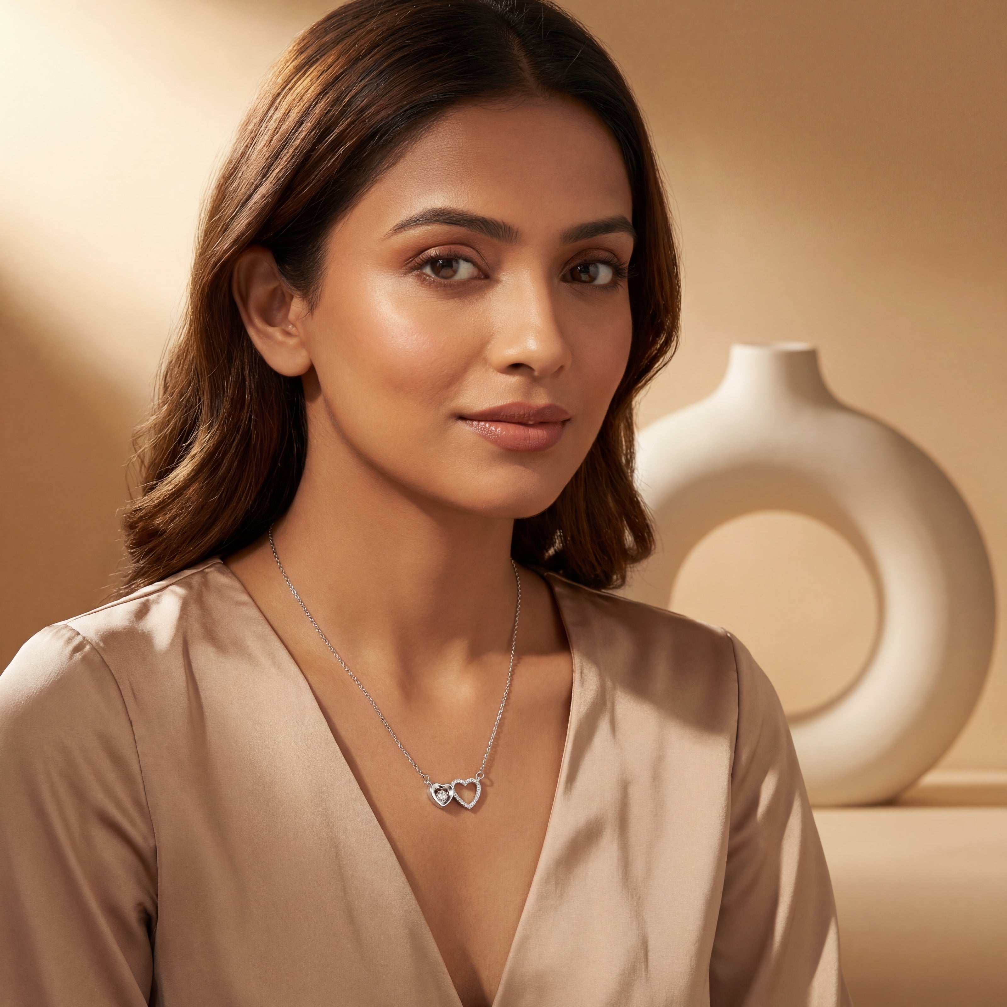 double heart diamond 925 silver pendant chain