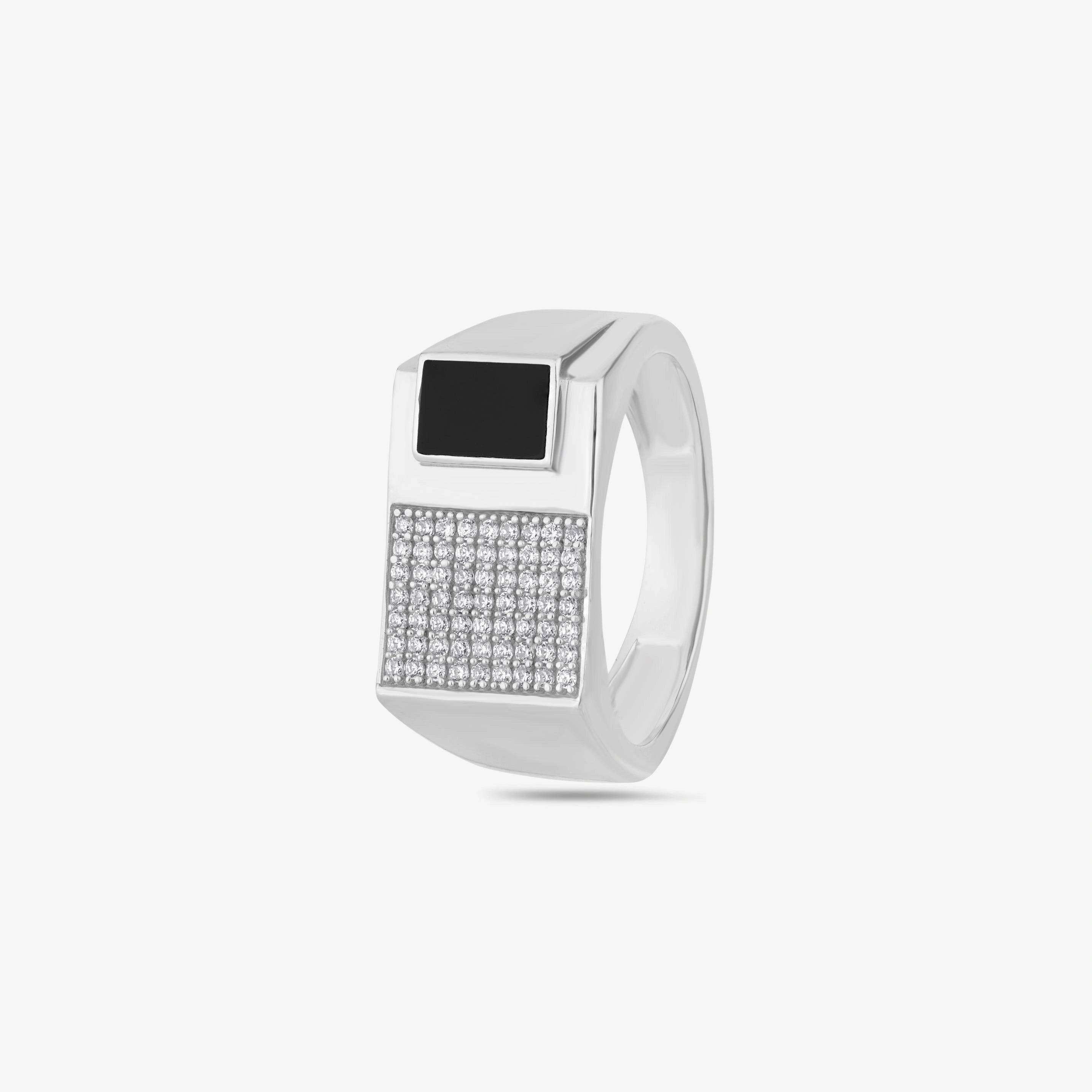 Dual Panel Black Stone CZ Grid 925 Sterling Silver Ring for Men