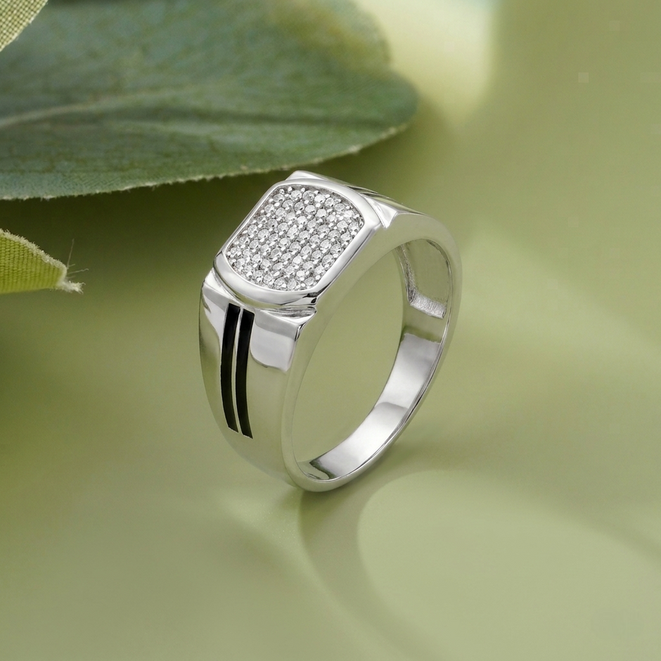 Rectangular CZ Top with Black Enamel 925 Sterling Silver Men's Modern Ring