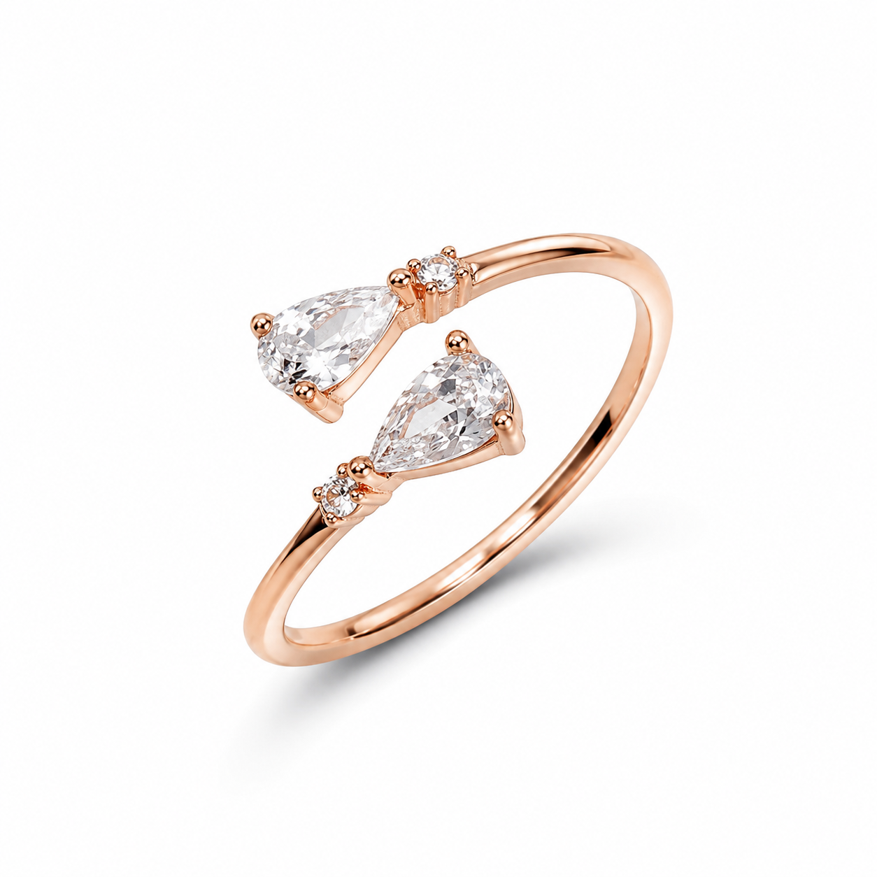 925 Sterling Silver Rose Gold Open Ring with Dual Pear Cut CZ Stones and Round Accents on Natural Stone.