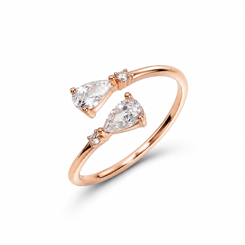 925 Sterling Silver Rose Gold Open Ring with Dual Pear Cut CZ Stones and Round Accents on Natural Stone.