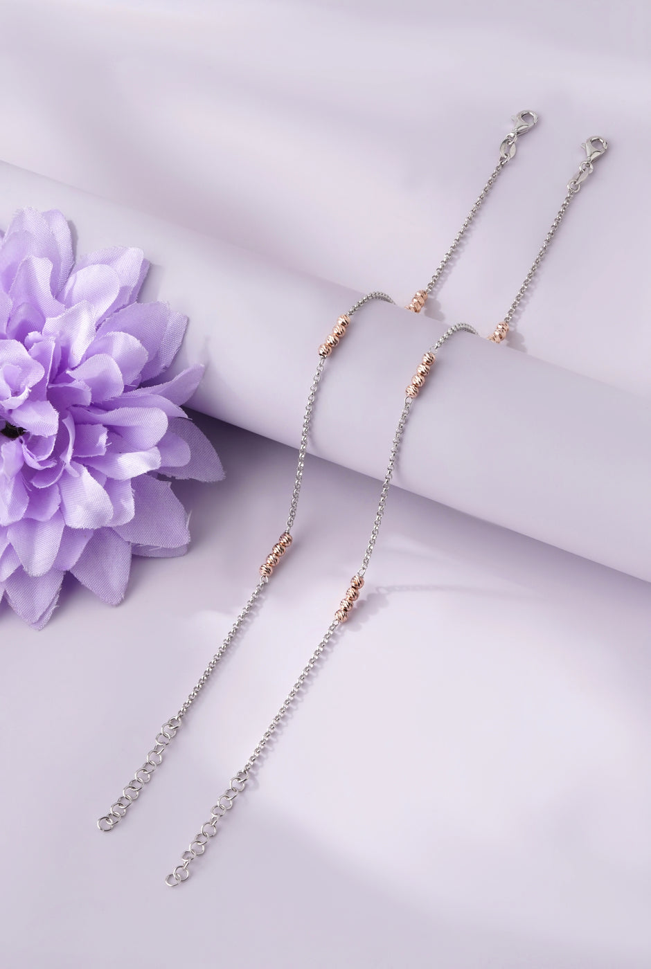 Dual Tone Diamond Accent 925 Sterling Silver Rose Gold Anklet for Women