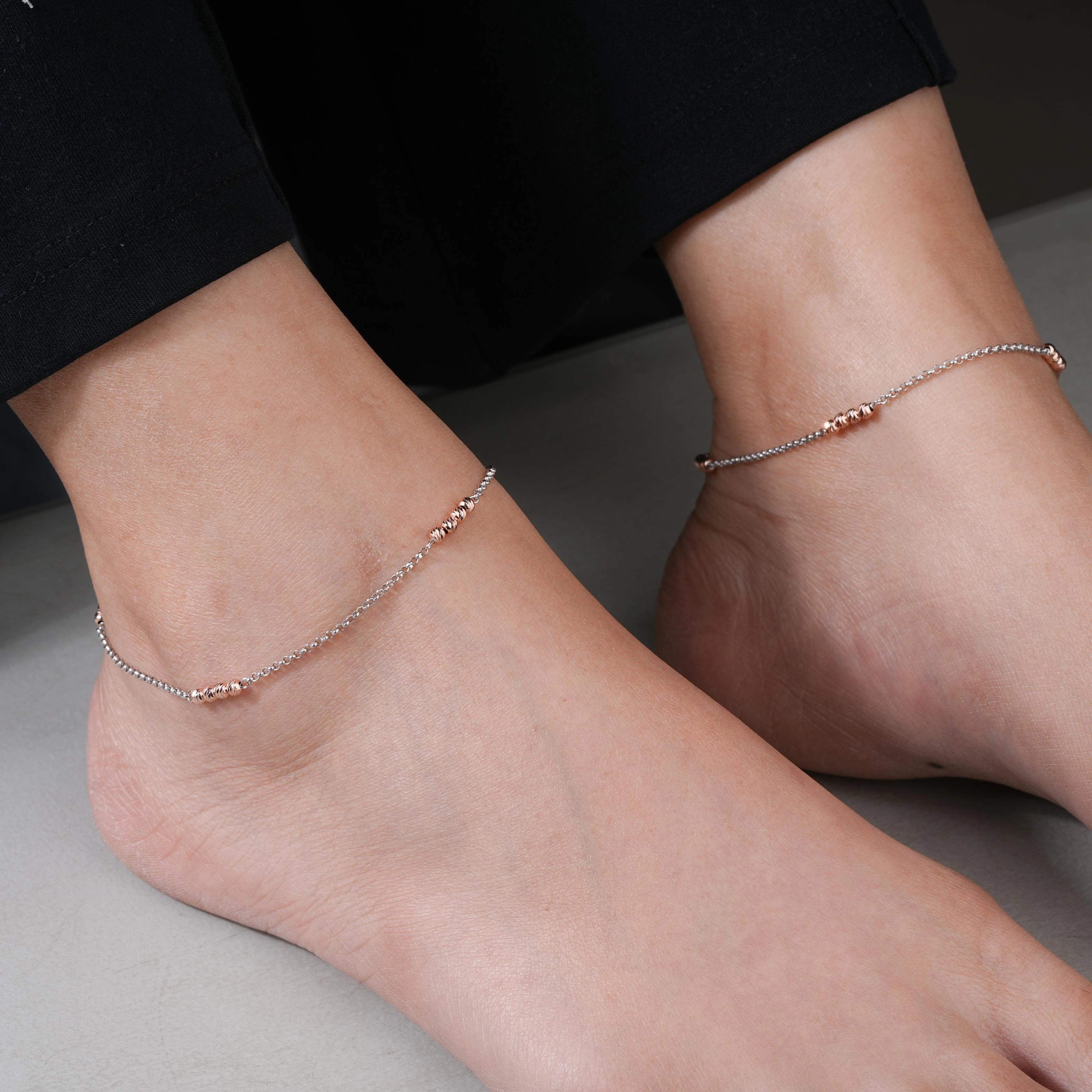 Dual Tone Diamond Accent 925 Sterling Silver Rose Gold Anklet for Women