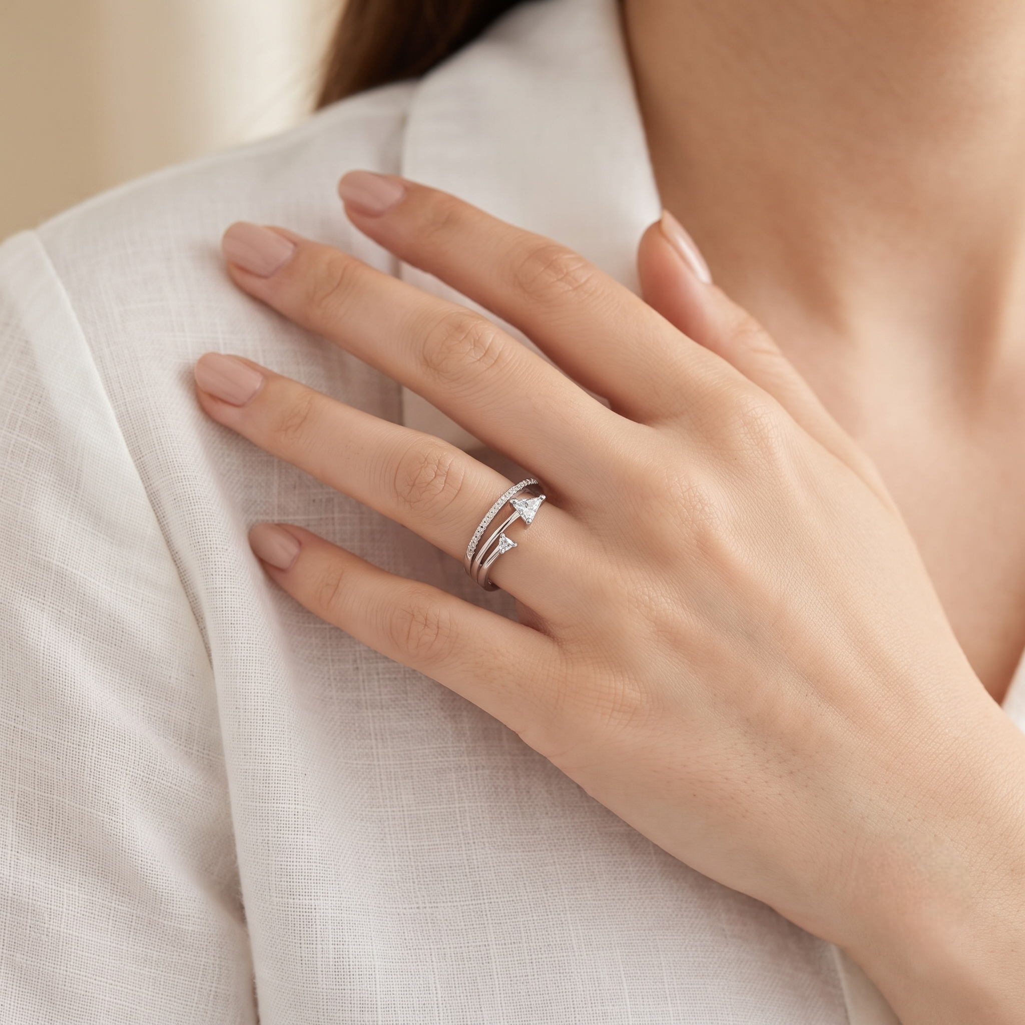 925 Sterling Silver Double Arrow Bypass Ring with Trillion-Cut CZ Stones