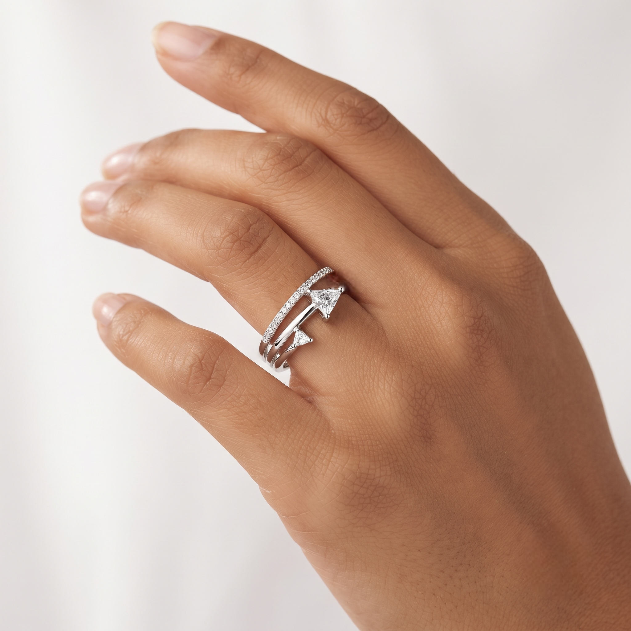 925 Sterling Silver Double Arrow Bypass Ring with Trillion-Cut CZ Stones