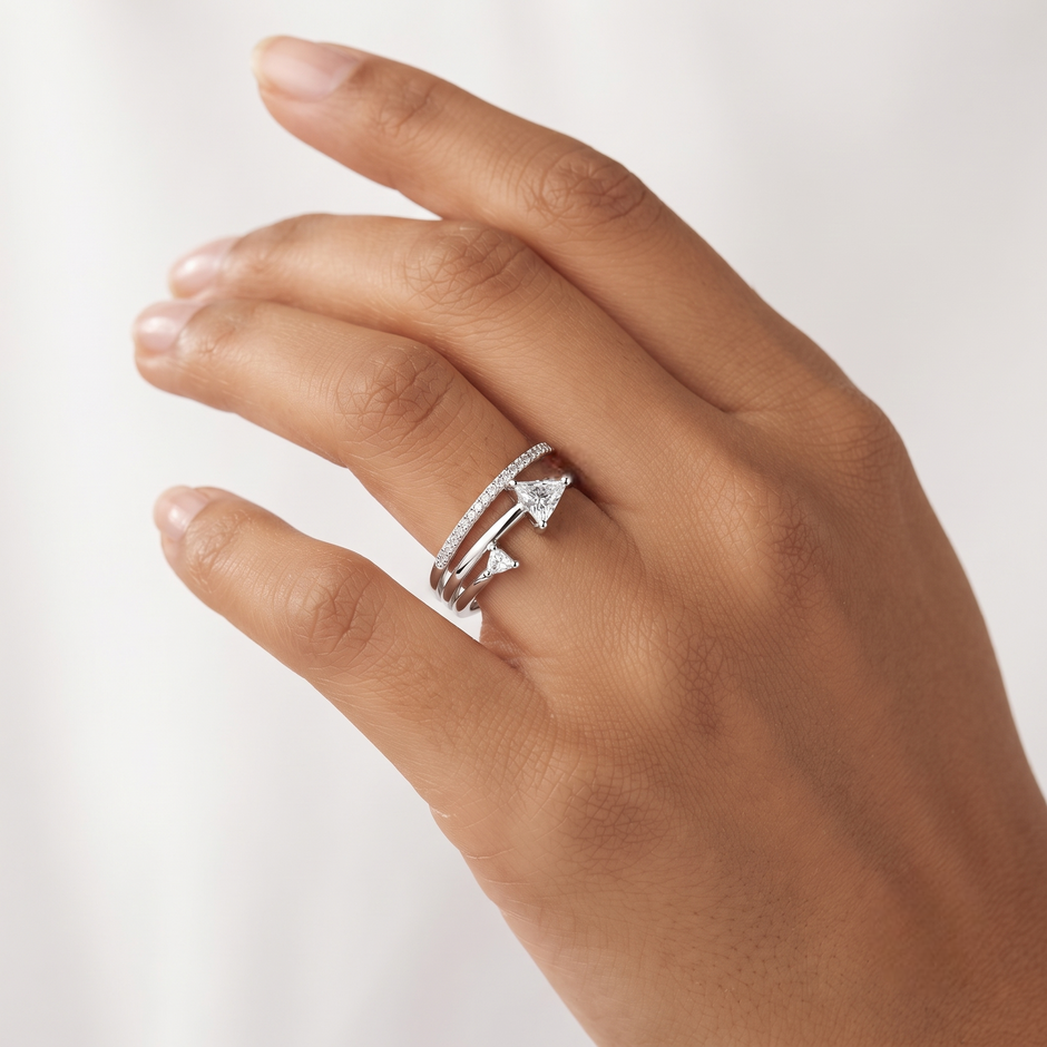 925 Sterling Silver Double Arrow Bypass Ring with Trillion-Cut CZ Stones