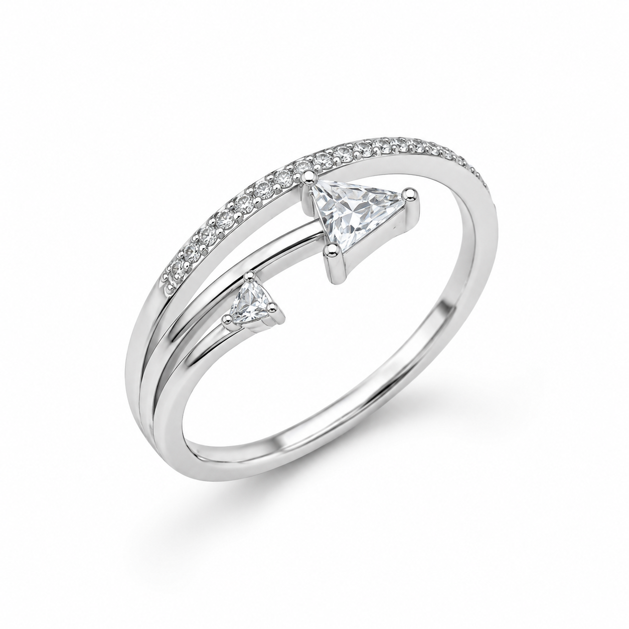 925 Sterling Silver Double Arrow Bypass Ring with Trillion-Cut CZ Stones