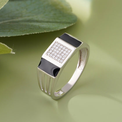 Dual Black enamel Strip cz Diamond 925 Sterling Silver Ring for men