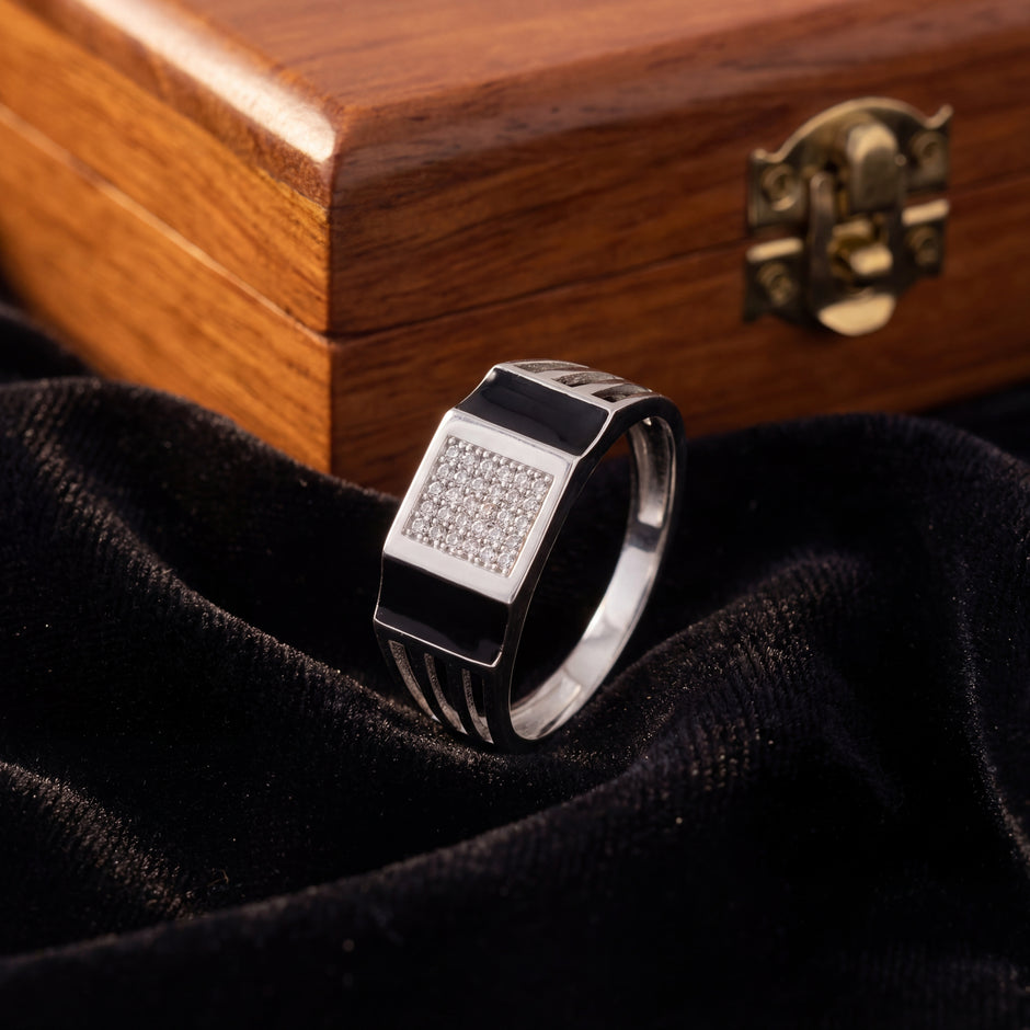 Dual Black enamel Strip cz Diamond 925 Sterling Silver Ring for men