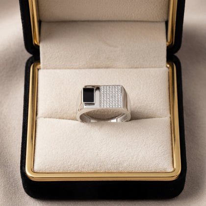 Dual Panel Black Stone CZ Grid 925 Sterling Silver Ring for Men