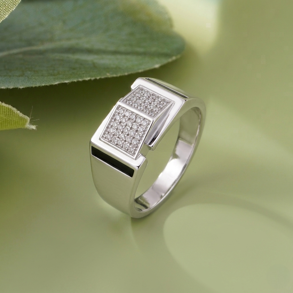 Dual Panel CZ Design 925 Sterling Silver Men's Modern Statement Ring