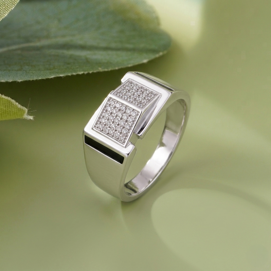 Dual Panel CZ Design 925 Sterling Silver Men's Modern Statement Ring