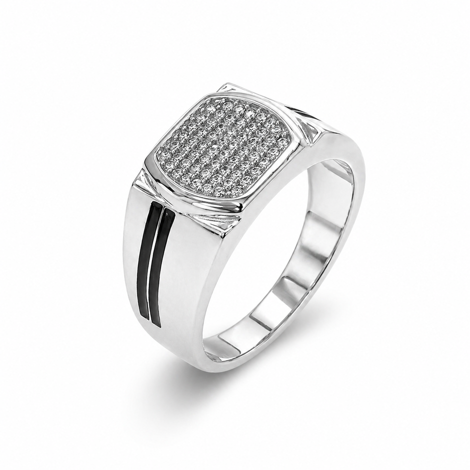 Rectangular CZ Top with Black Enamel 925 Sterling Silver Men's Modern Ring