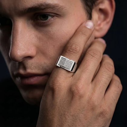 Dual Panel CZ Design 925 Sterling Silver Men's Modern Statement Ring
