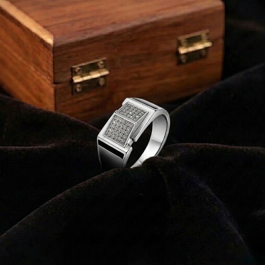 Dual Panel CZ Design 925 Sterling Silver Men's Modern Statement Ring