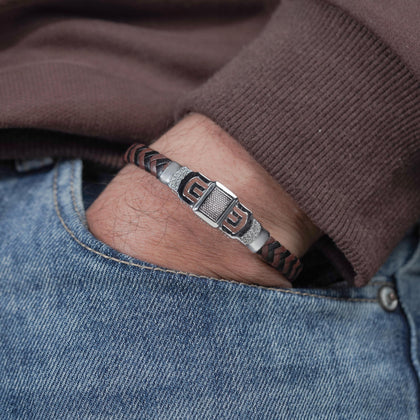 Brown Braided Leather CZ 925 Sterling Silver Bracelet for Men