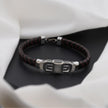 Brown Braided Leather CZ 925 Sterling Silver Bracelet for Men