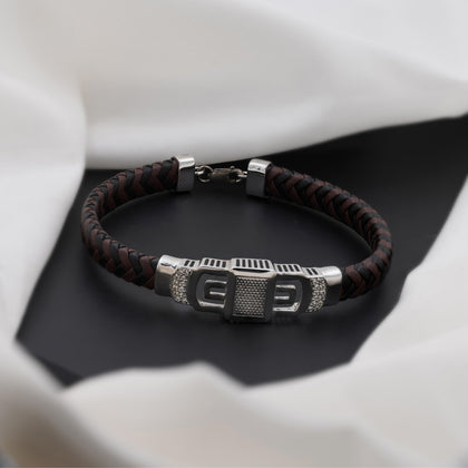 Brown Braided Leather CZ 925 Sterling Silver Bracelet for Men