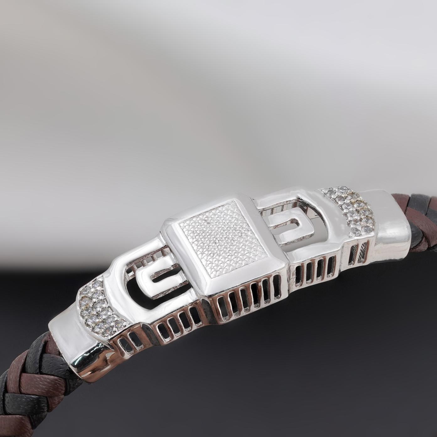 Dual Tone Diamond 925 Sterling Silver Leather Bracelet for Men
