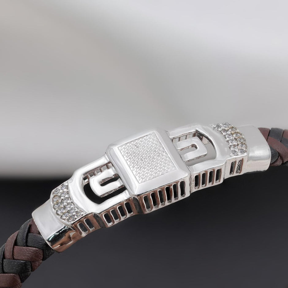 Dual Tone Diamond 925 Sterling Silver Leather Bracelet for Men