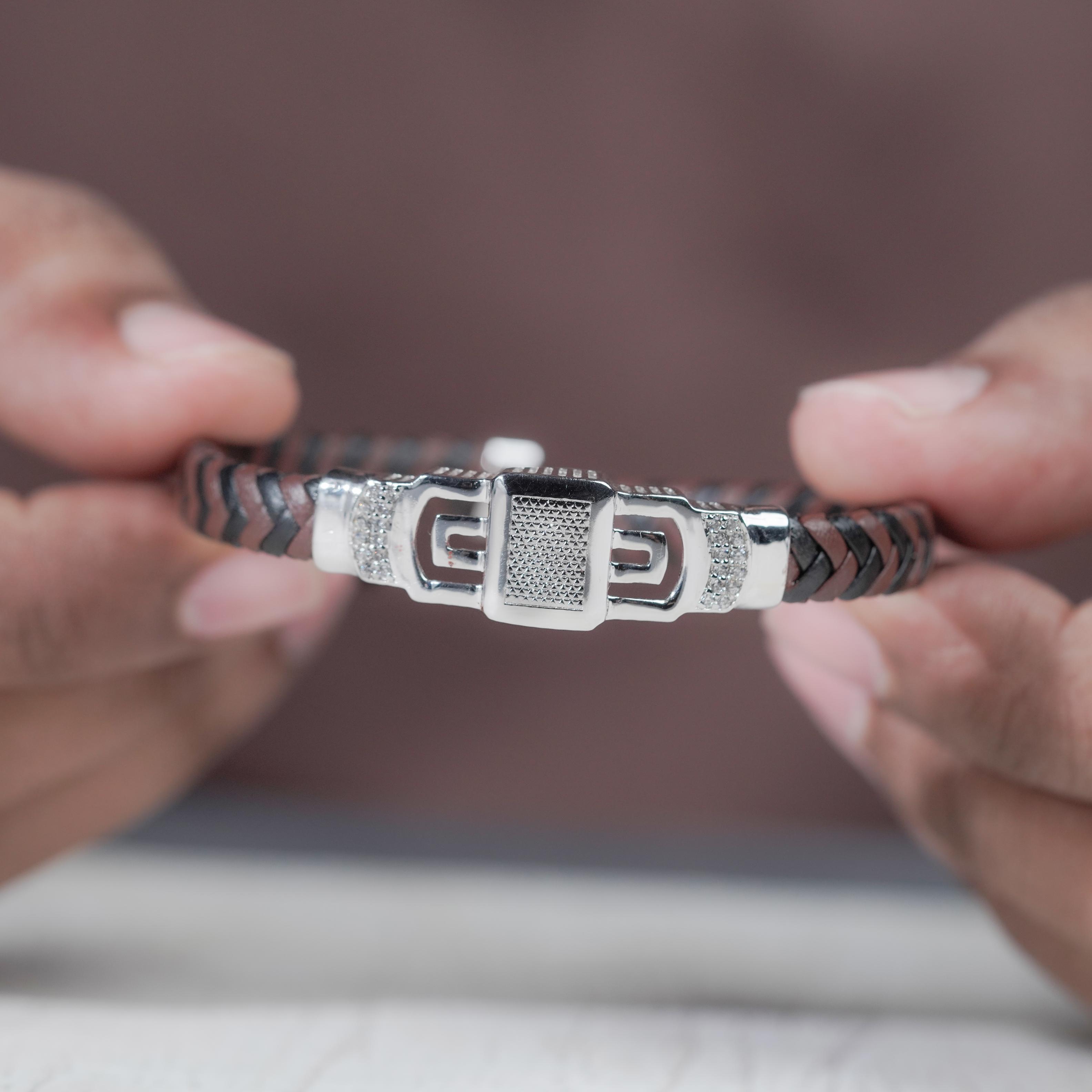 Brown Braided Leather CZ 925 Sterling Silver Bracelet for Men