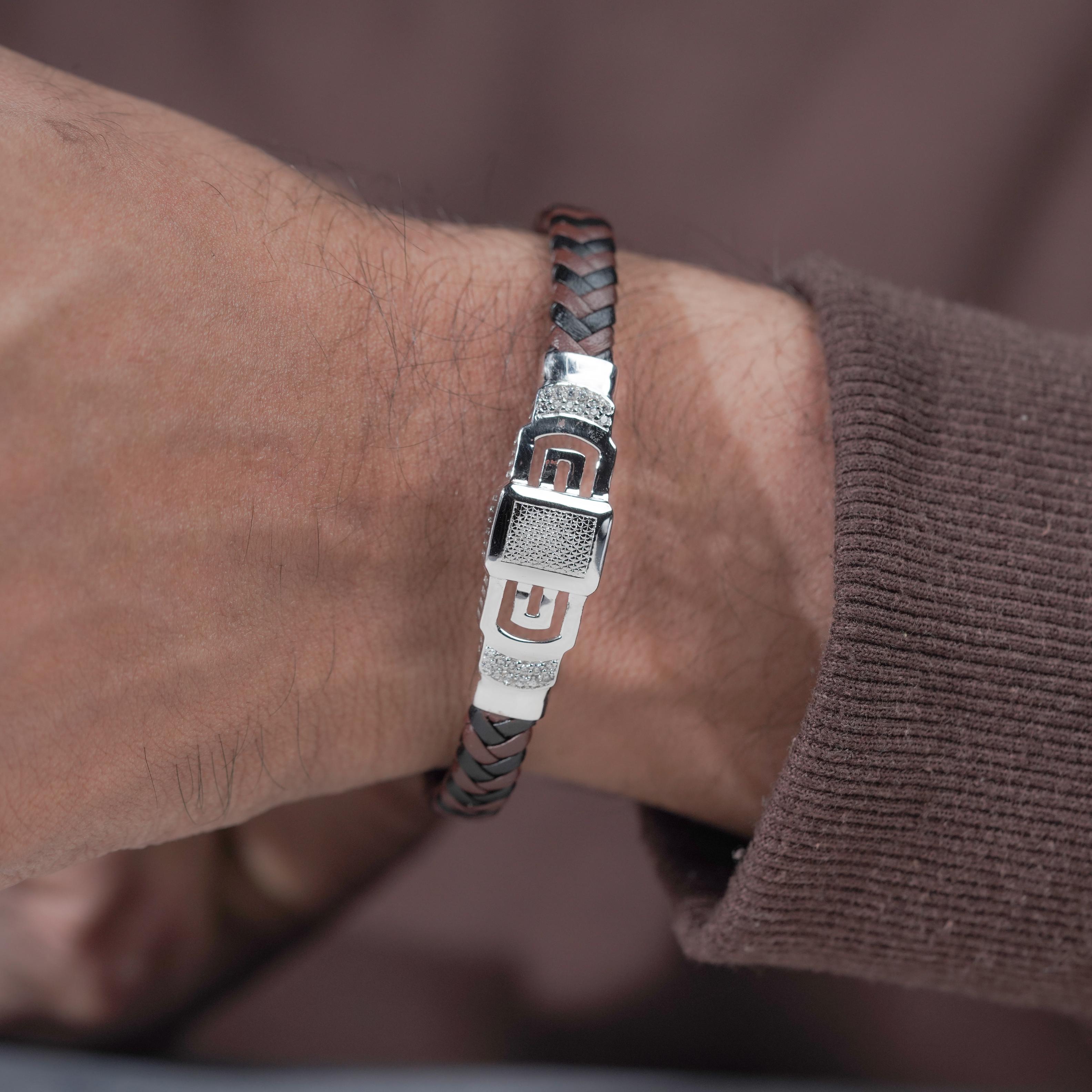 Brown Braided Leather CZ 925 Sterling Silver Bracelet for Men
