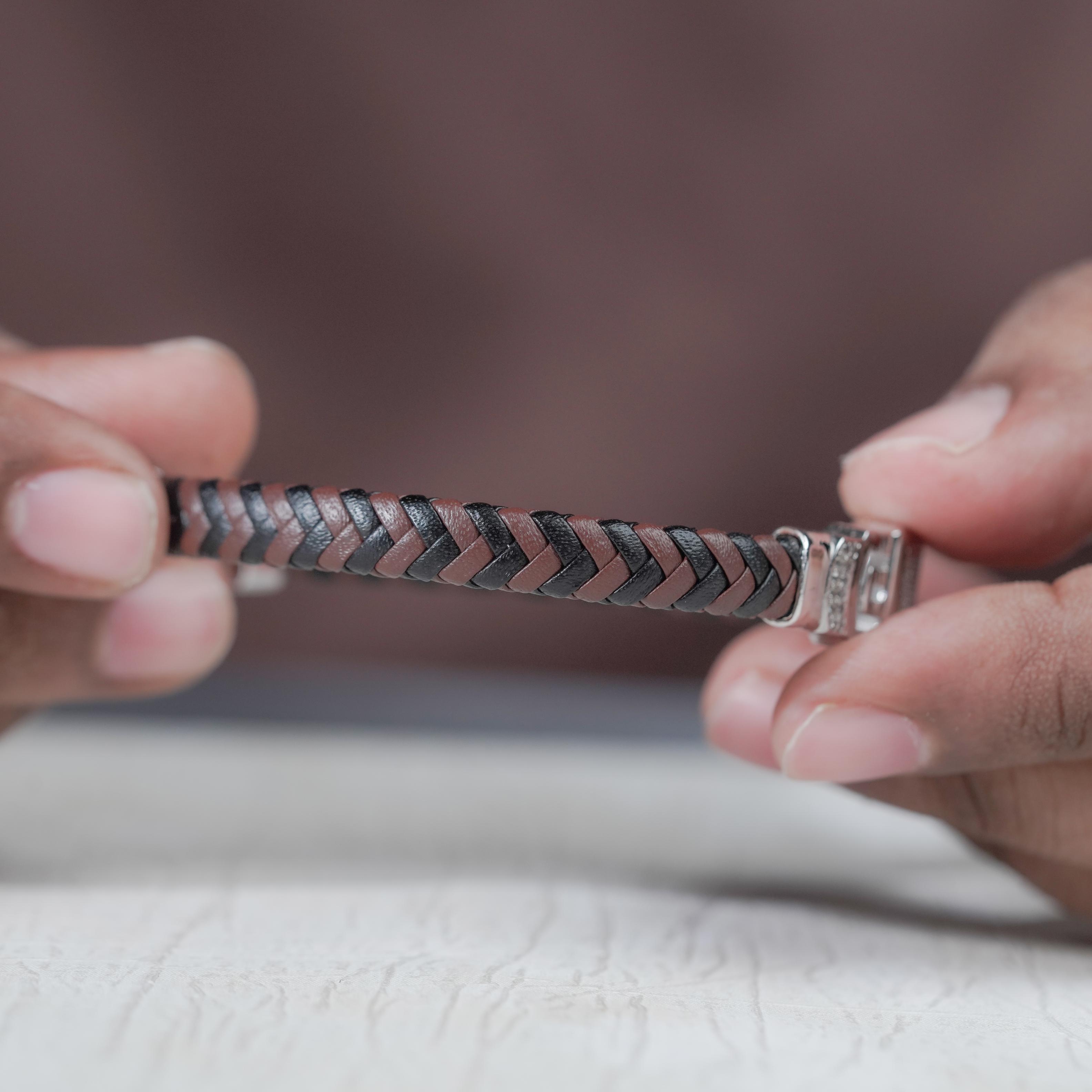 Brown Braided Leather CZ 925 Sterling Silver Bracelet for Men