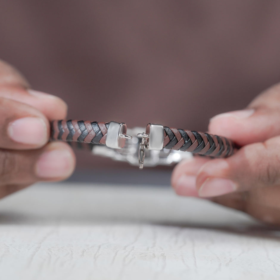 Brown Braided Leather CZ 925 Sterling Silver Bracelet for Men