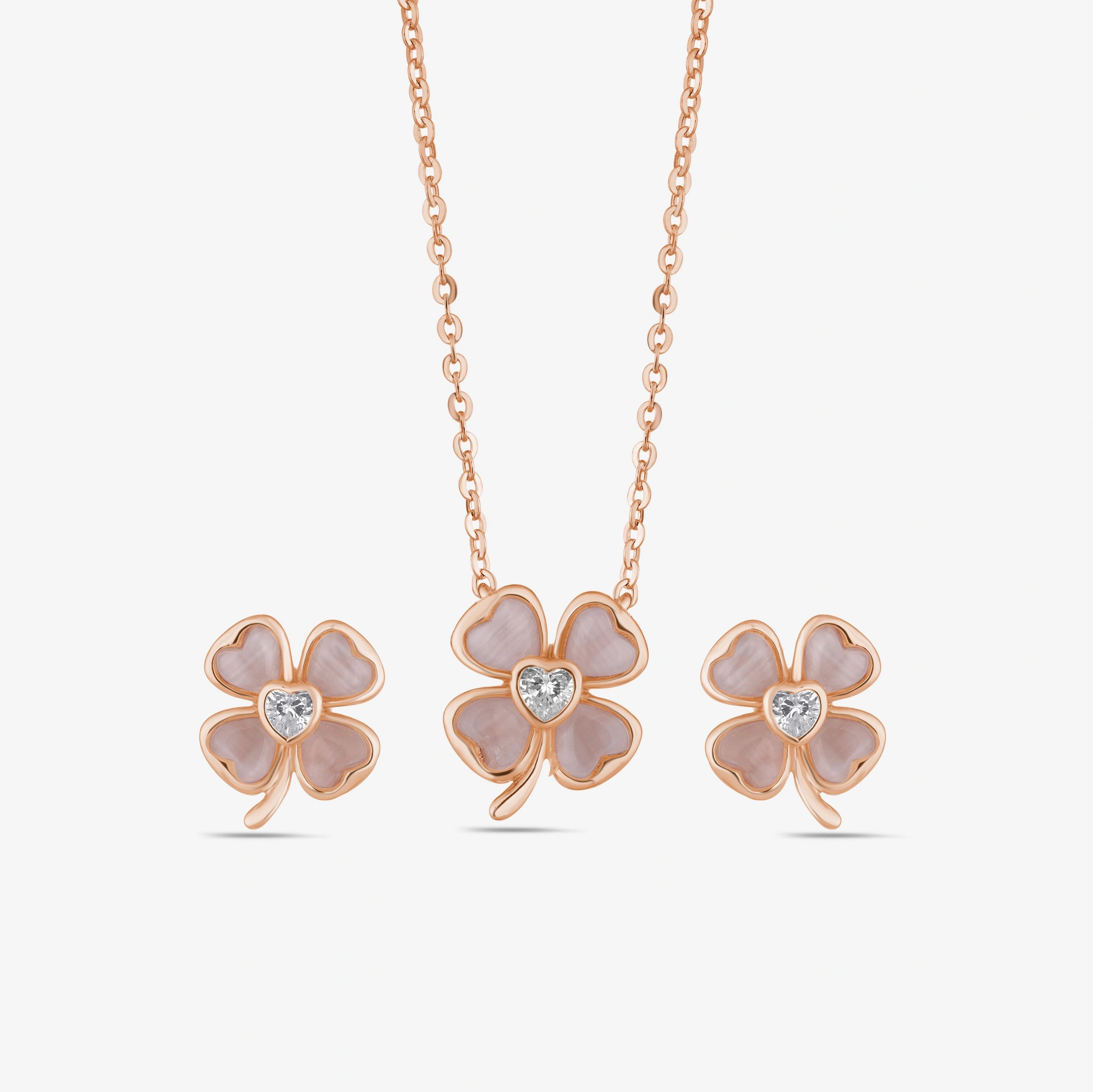 925 sterling silver rose gold flower earrings and matching pendant necklace set for women with sparkling stone design
