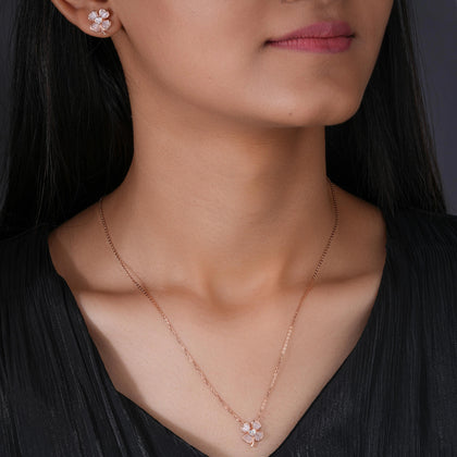 925 sterling silver rose gold flower earrings and matching pendant necklace set for women with sparkling stone design