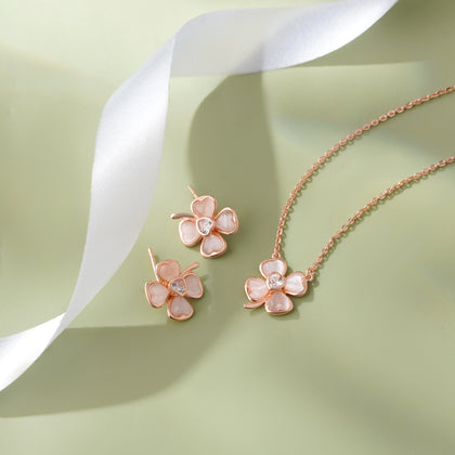 925 sterling silver rose gold flower earrings and matching pendant necklace set for women with sparkling stone design
