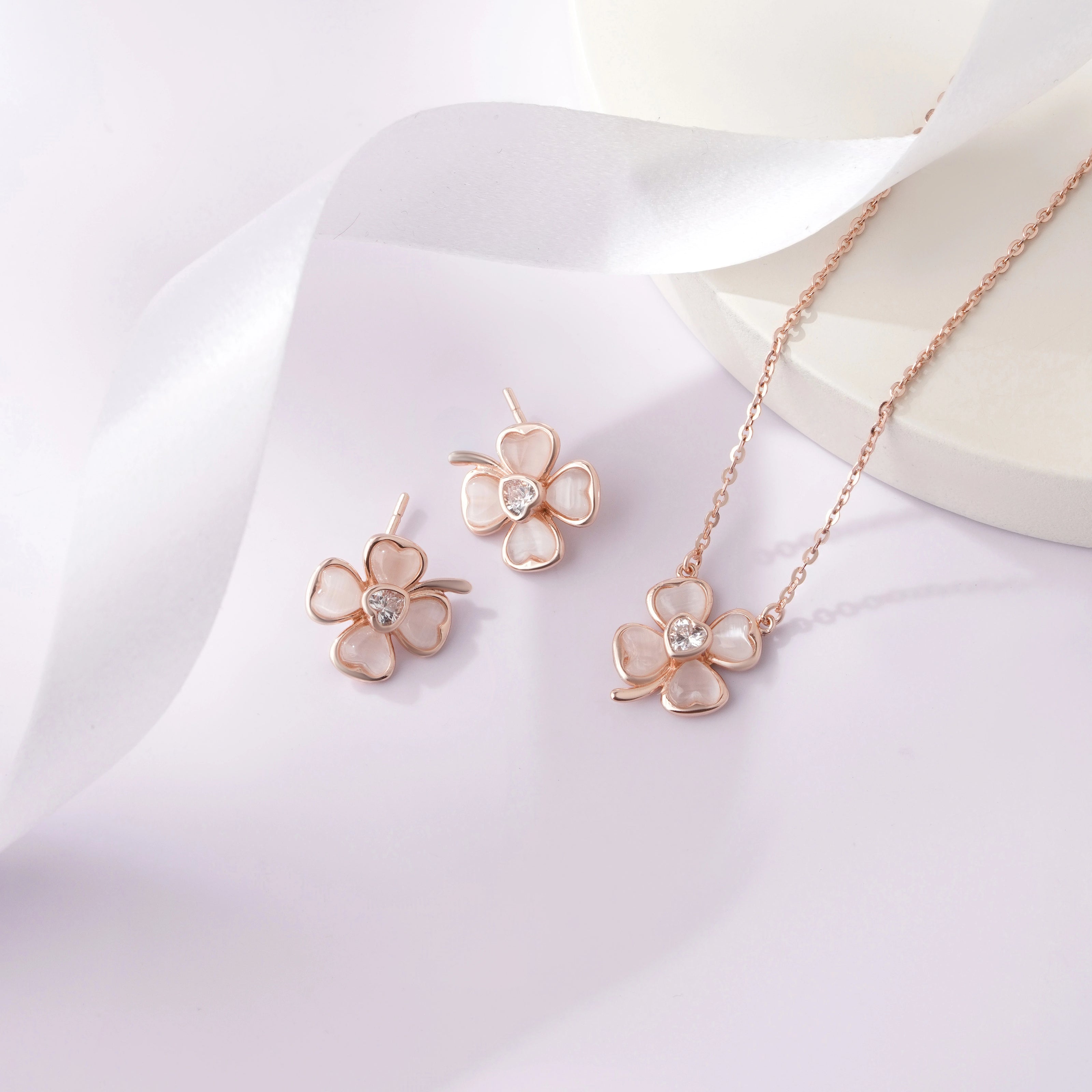 925 sterling silver rose gold flower earrings and matching pendant necklace set for women with sparkling stone design