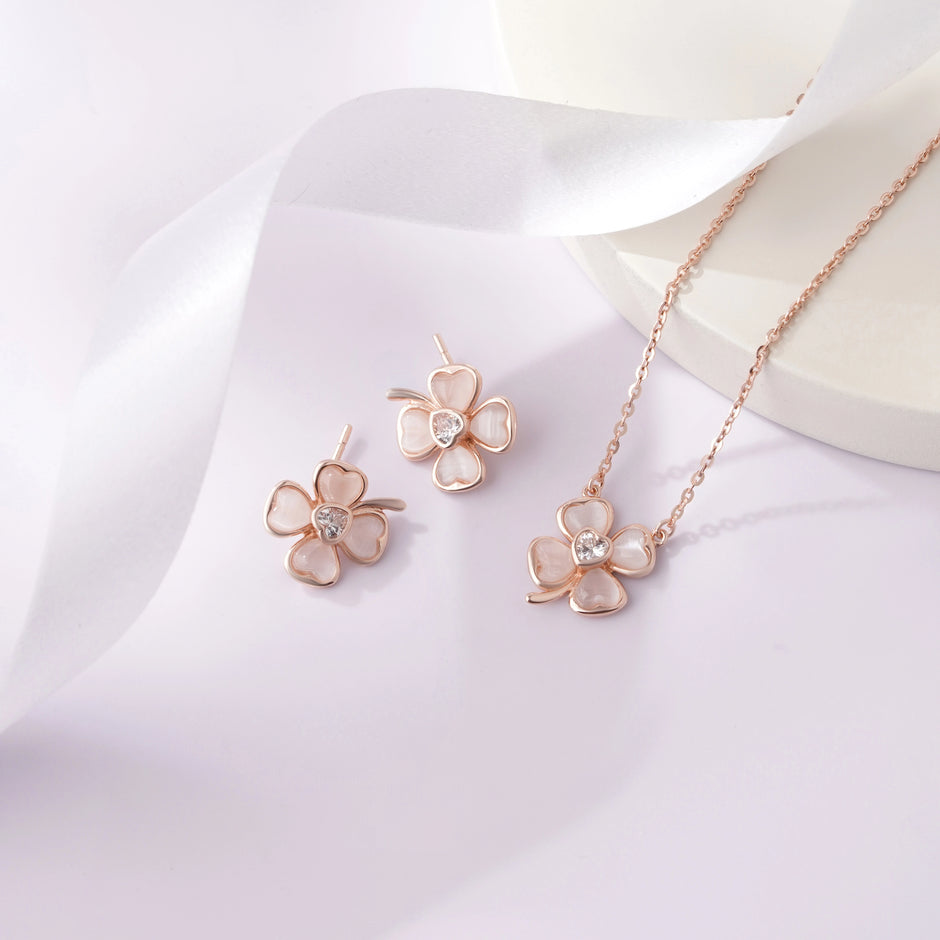 925 sterling silver rose gold flower earrings and matching pendant necklace set for women with sparkling stone design