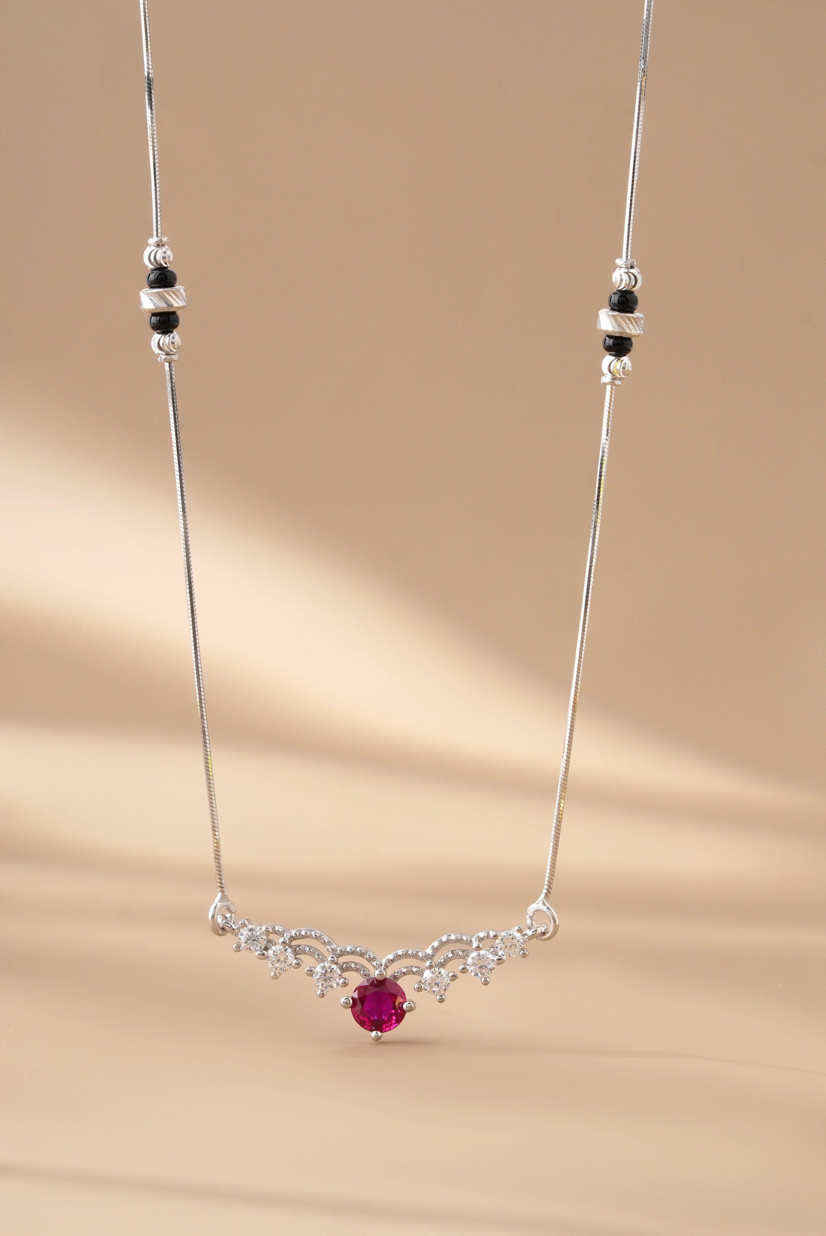 Elegant Curve Red Stone 925 Sterling Silver Mangalsutra for Women