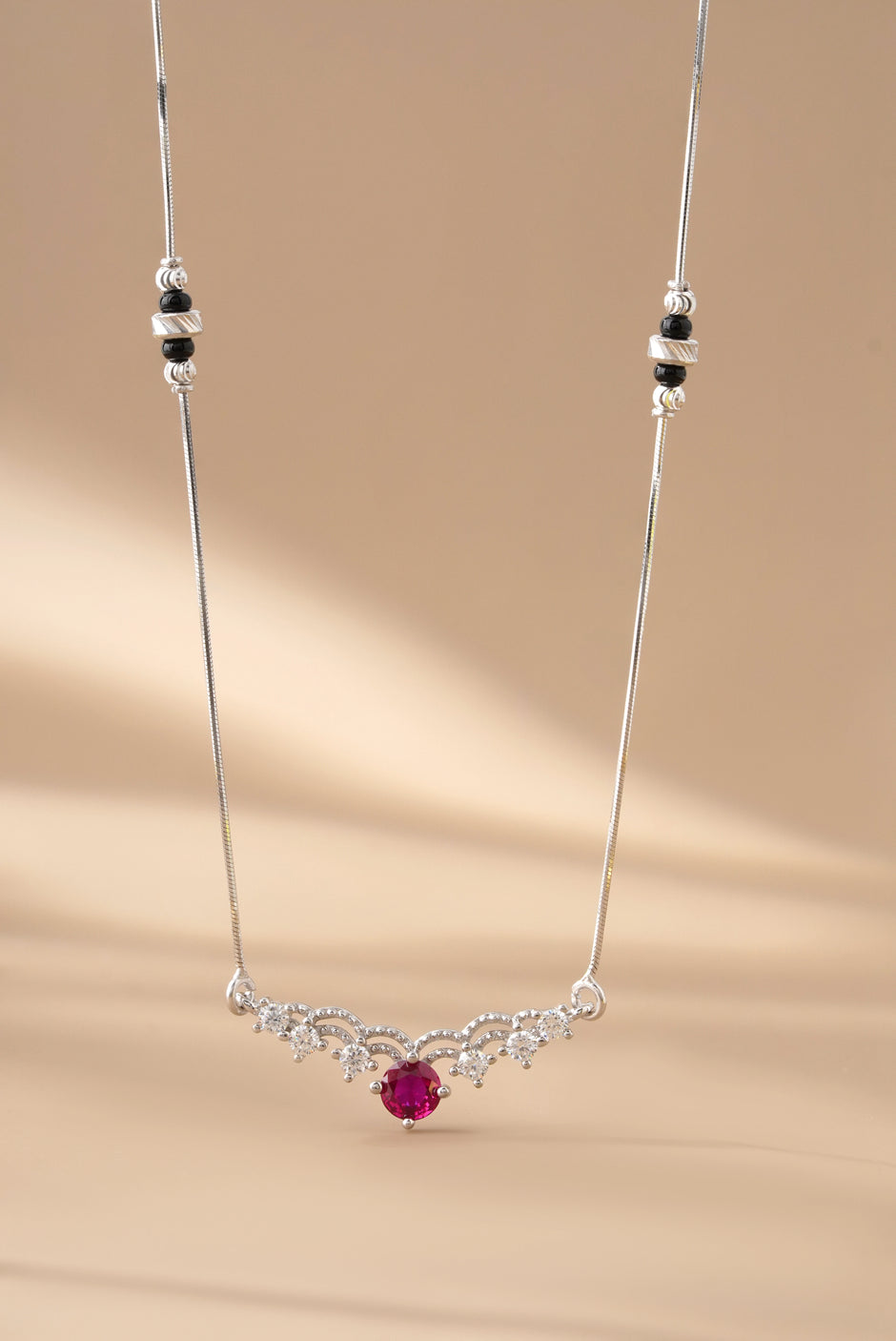 Elegant Curve Red Stone 925 Sterling Silver Mangalsutra for Women