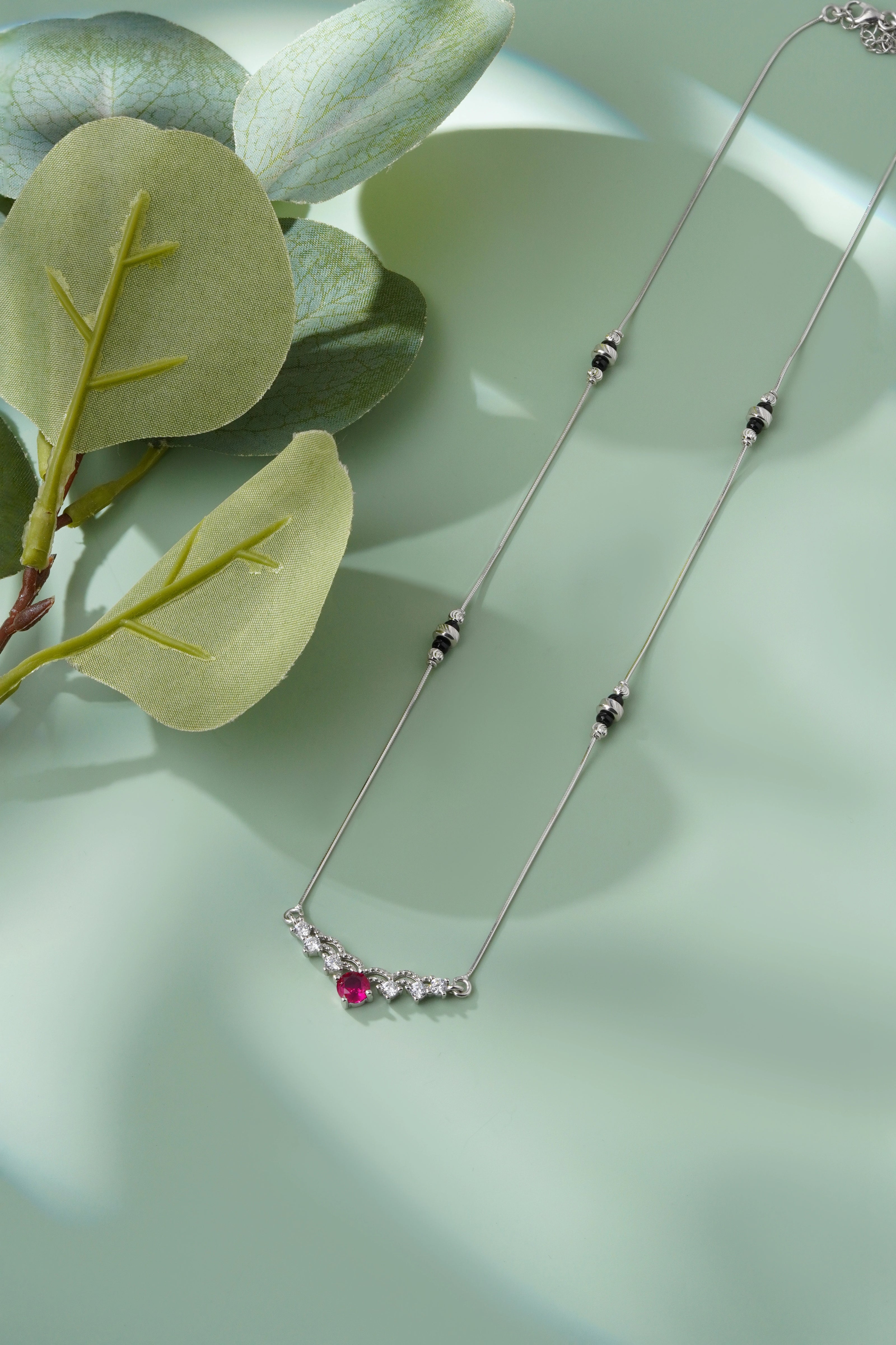 Elegant Curve Red Stone 925 Sterling Silver Mangalsutra for Women