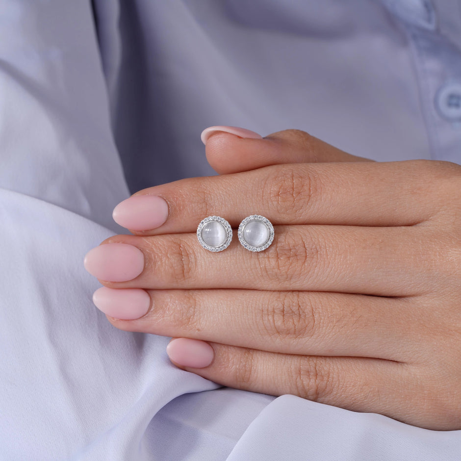 Elegant Grey Stone Round Stud Earrings