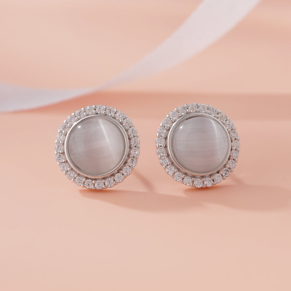 Elegant Grey Stone Round Stud Earrings