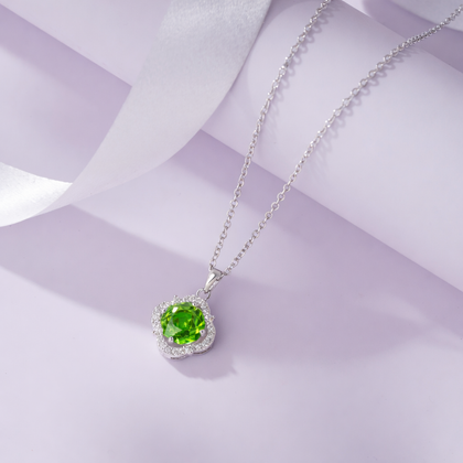Elegant Halo Green Stone 925 Silver Pendant Necklace