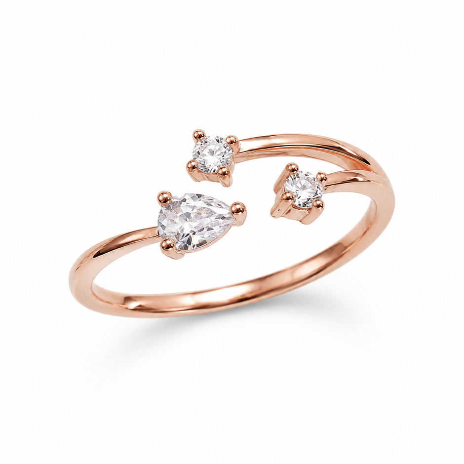 925 Sterling Silver Rose Gold Open Pear CZ Ring on Black Slate.