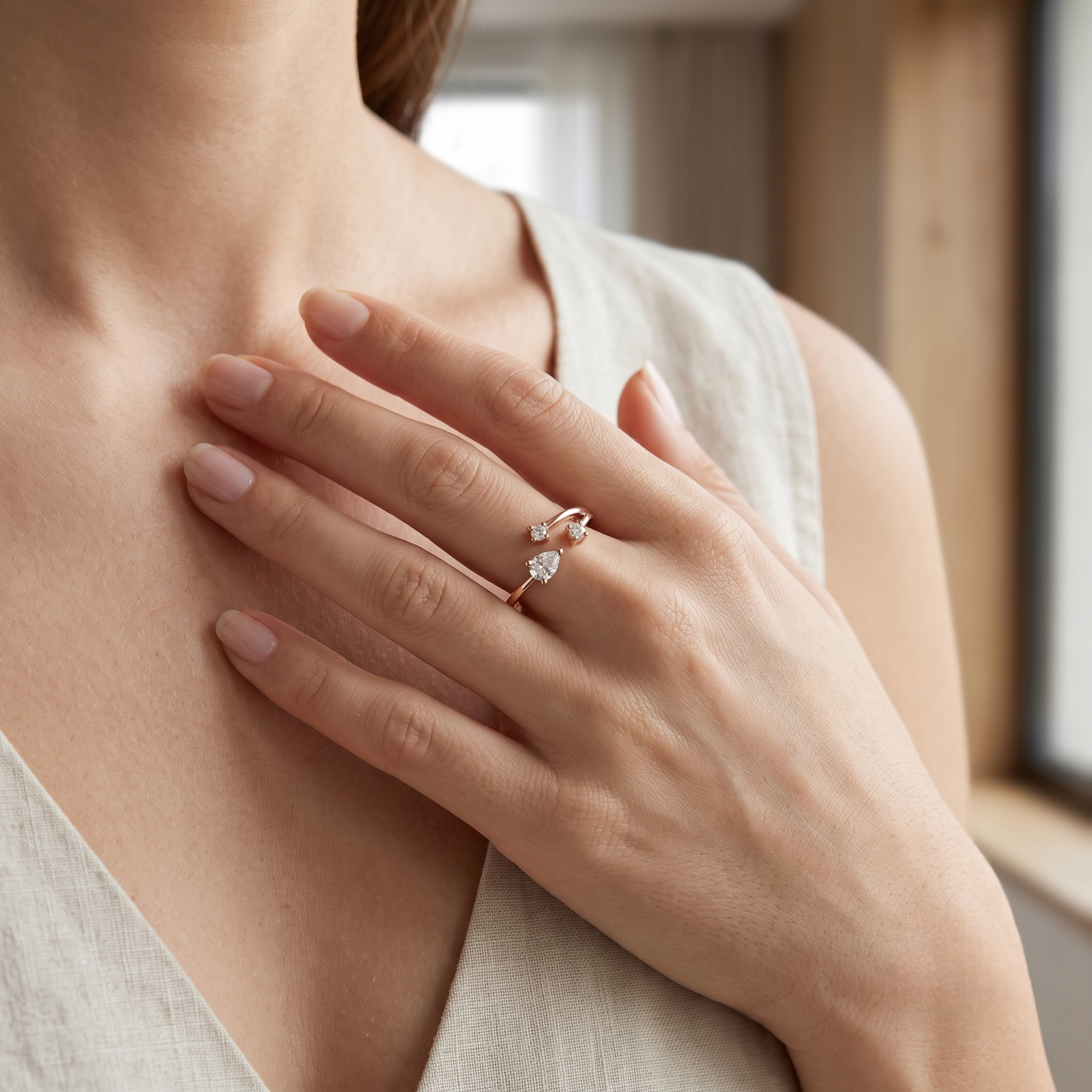 925 Sterling Silver Rose Gold Open Pear CZ Ring on Black Slate.