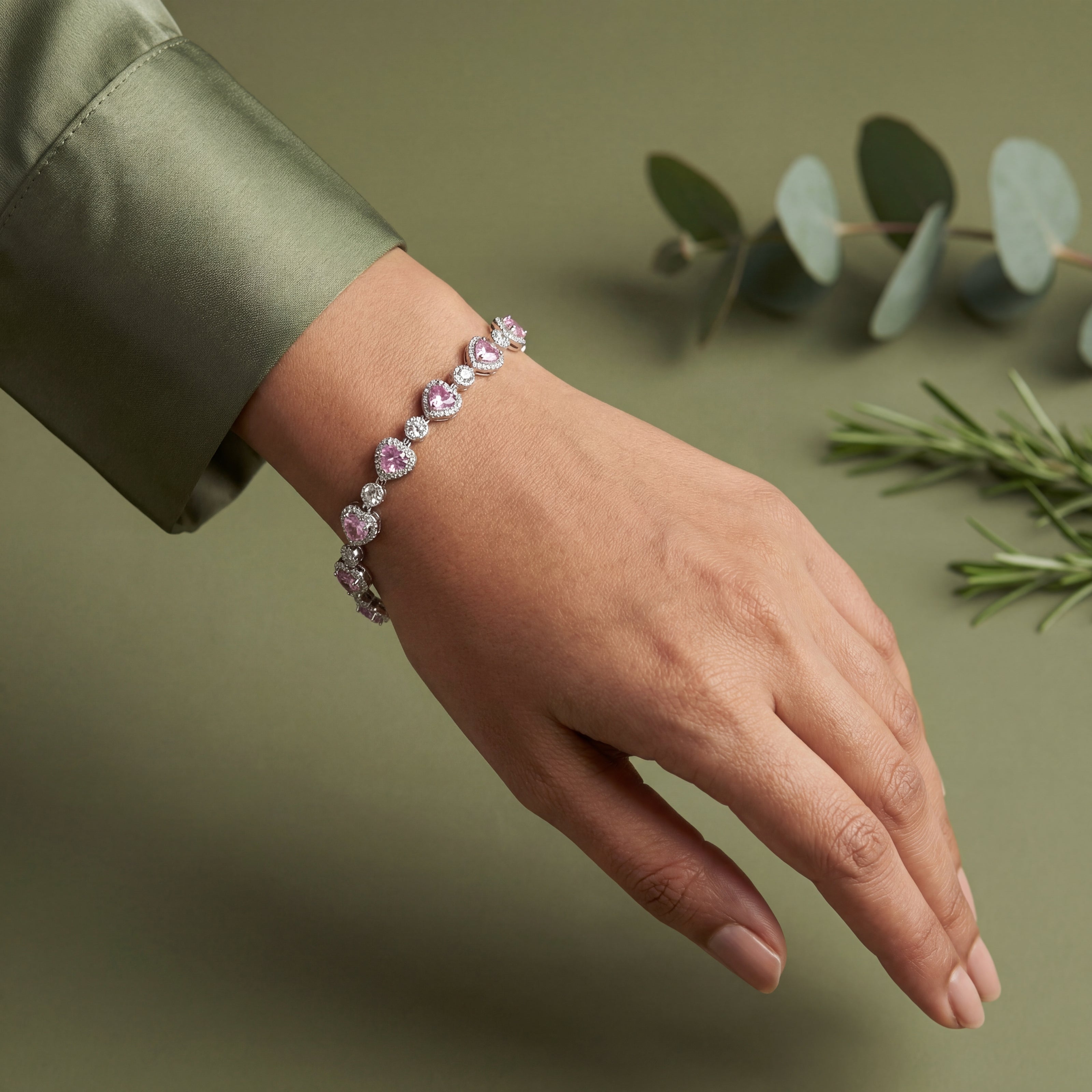 Elegant Pink Heart Bracelet in 925 Sterling Silver